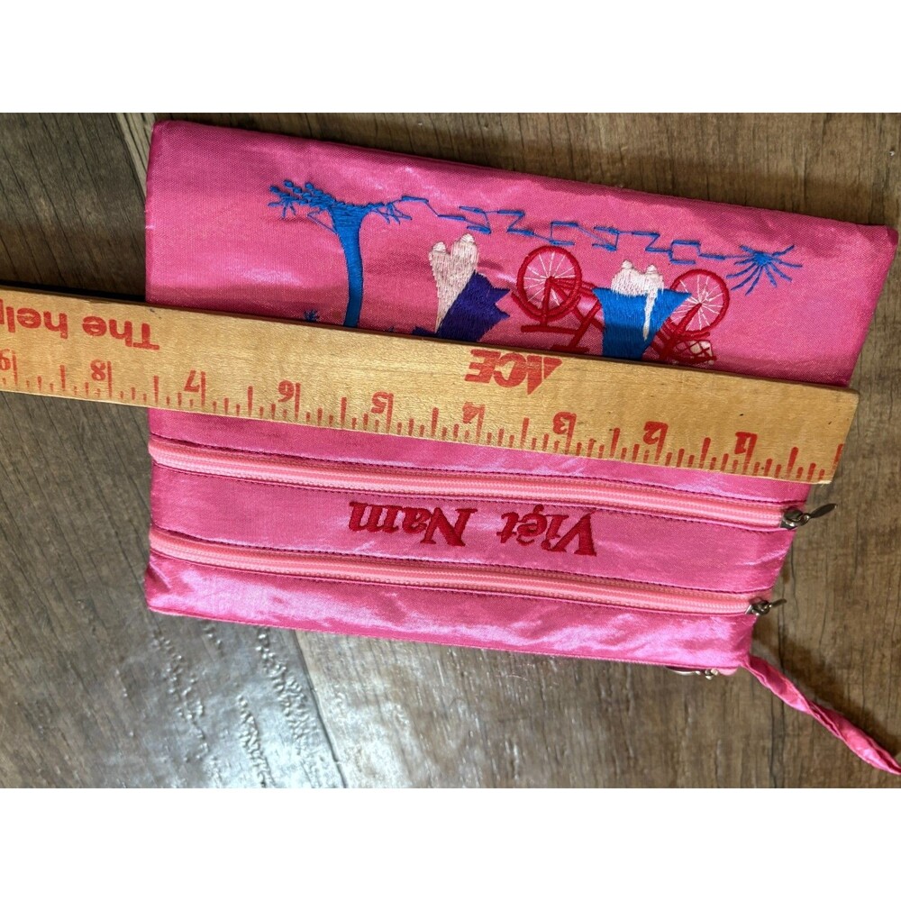 Viet Nam Pouch Zippered Bag Clutch Purse Silk Makeup Bag Pink 3 Section Rare - Picture 5 of 7